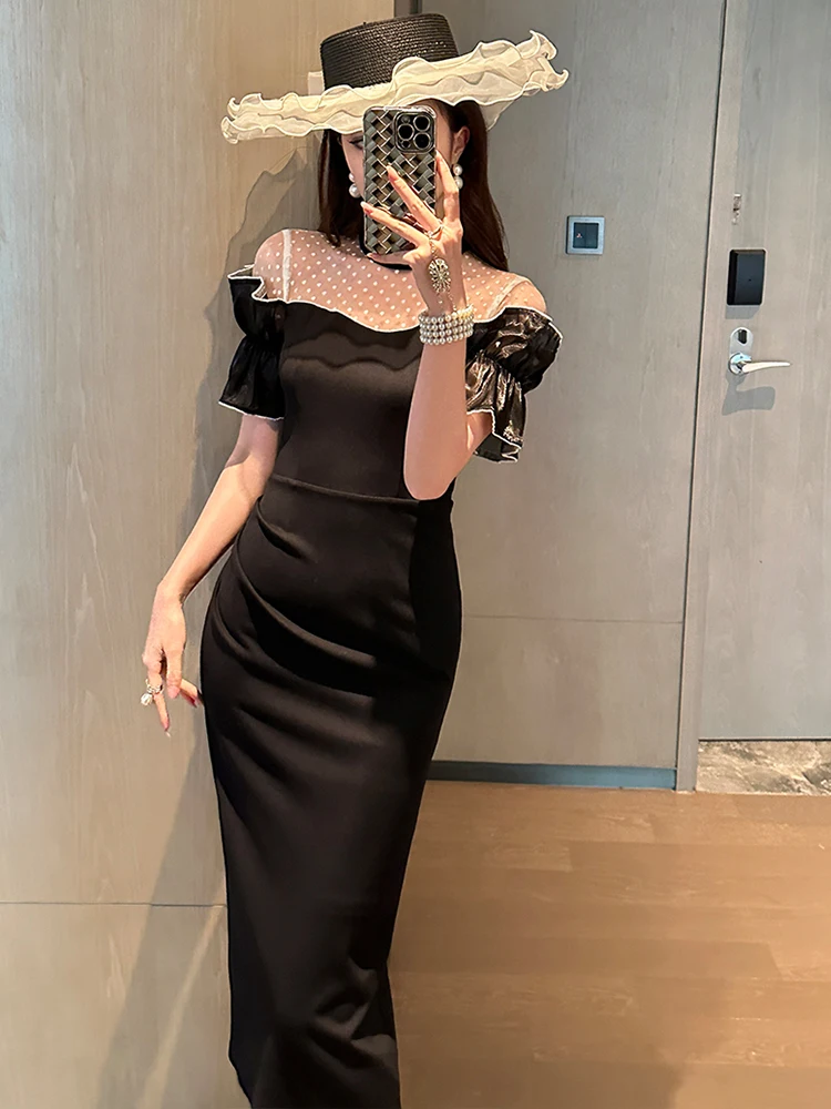 Women's Exquisite Sweet White Dresses Female Chic White Sheer Mesh Splice Black Vintage Midi Robe Evening Party Vestidos Mujer