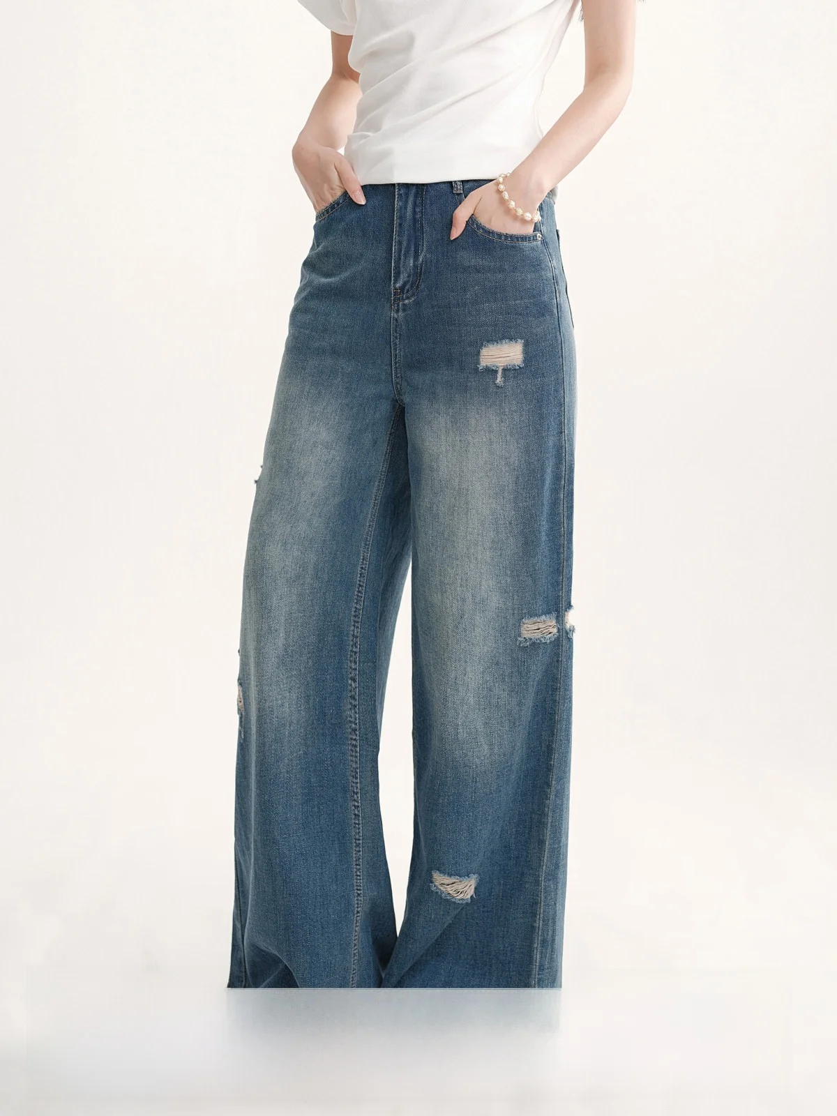 

Женские летние новые повседневные джинсы с высокой талией, свободного кроя, в американском стиле, рваные, прямые, длинные брюки