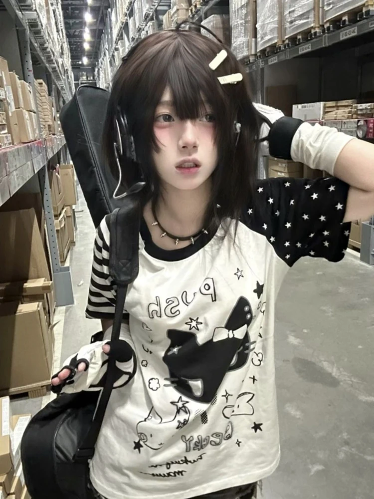 Japanese Kawaii Short Sleeve T-Shirt O-Neck Cartoon Print Subculture Dot Top Women Casual Sweet Striped Slim Spring Summer