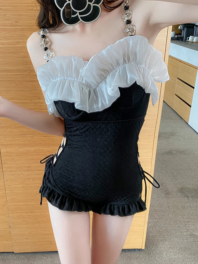 Traje de baño de una pieza con volantes y cuello cuadrado para chica, traje de baño elegante y Sexy con cintura lateral, traje de baño conservador con cordones para vacaciones 2025