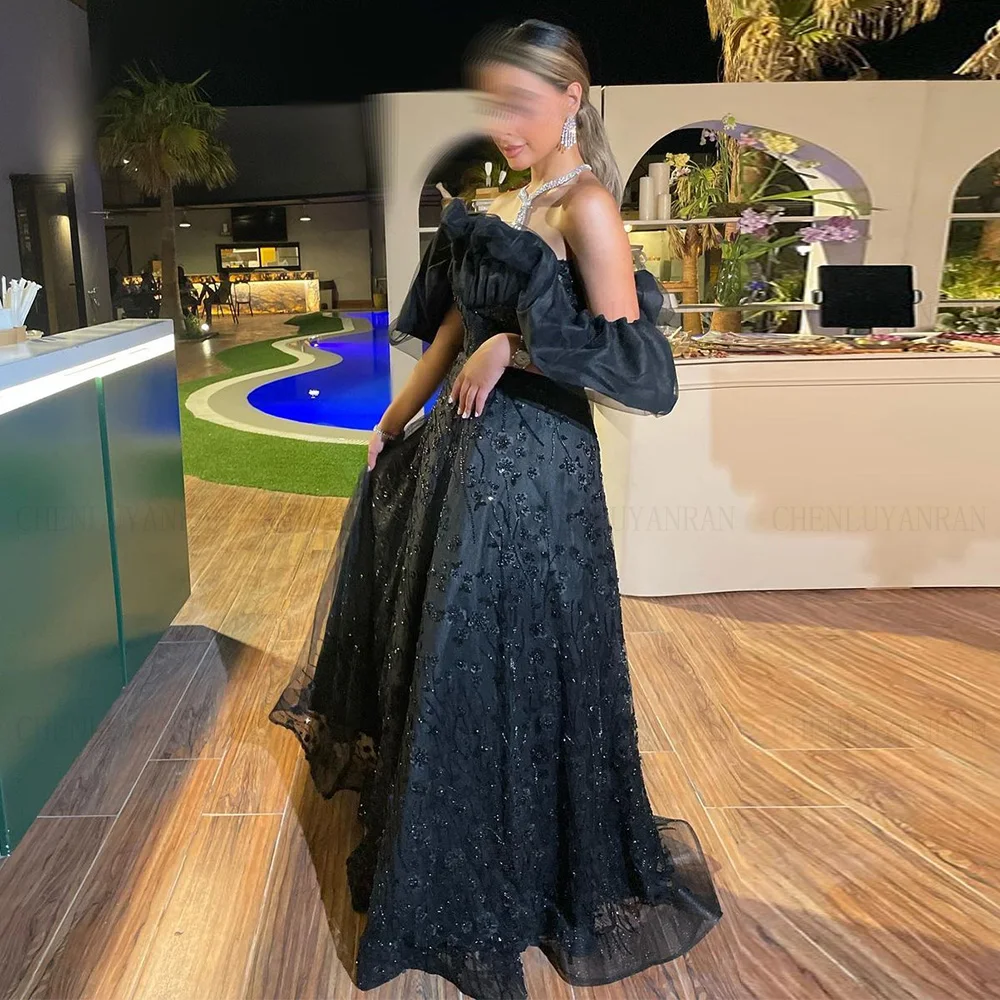 Exquisite Lace Formal Occasion Dresses 2023 Off-Shoulder Black A-Line Party Dress Lace Up Long Evening Gowns فساتين حفلات