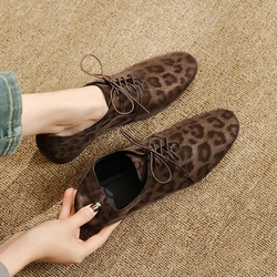 2025 Vintage Leopard Print Women Pumps Spring Round Toe Thick Heels Mature Shoes Woman Genuine Leather Lace-Up Basic Office Lady