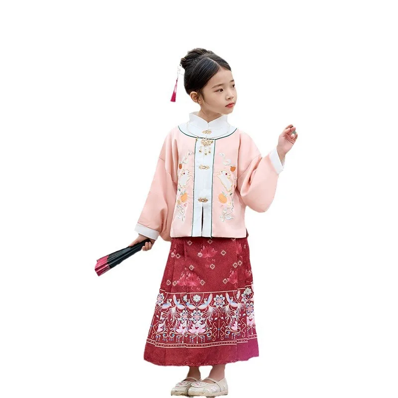 Fato retrô hanfu infantil, estilo nacional das meninas, colete de estudante, terno feito pela Ming, melhorado, novo, primavera, 24