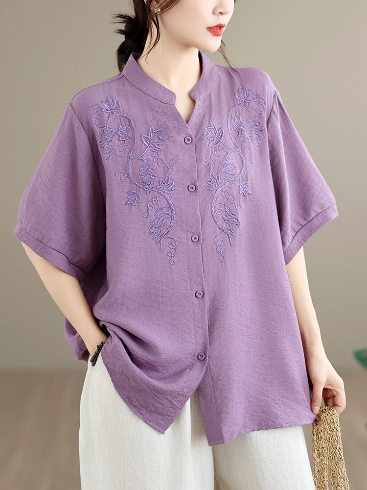 

New 2026 Women's Cotton Linen Embroidered Shirt mid Sleeve Short Sleeve Loose Fit Tummy Covering Casual Style Top