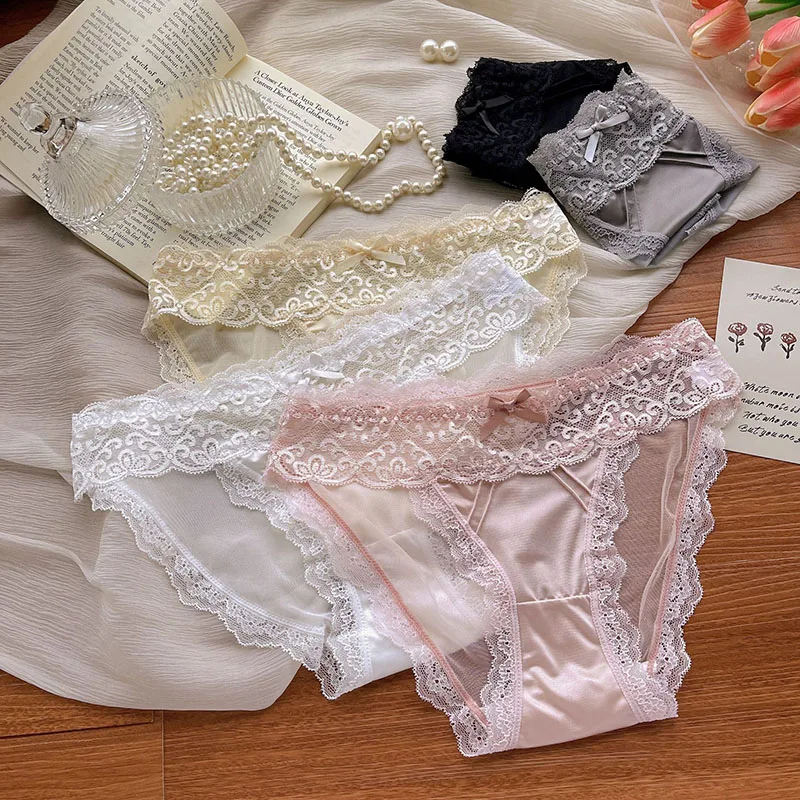 Women Sexy Lace Mesh Satin Transparent Thin Underwear Breathable Seamless Quick Drying High Elasticity Panties Breifs