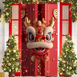 Happy Chinese New Year Theme Photography Background Dragon Lion Dance Lantern Red Door Cover Party Decoration Banner Prop Gifts