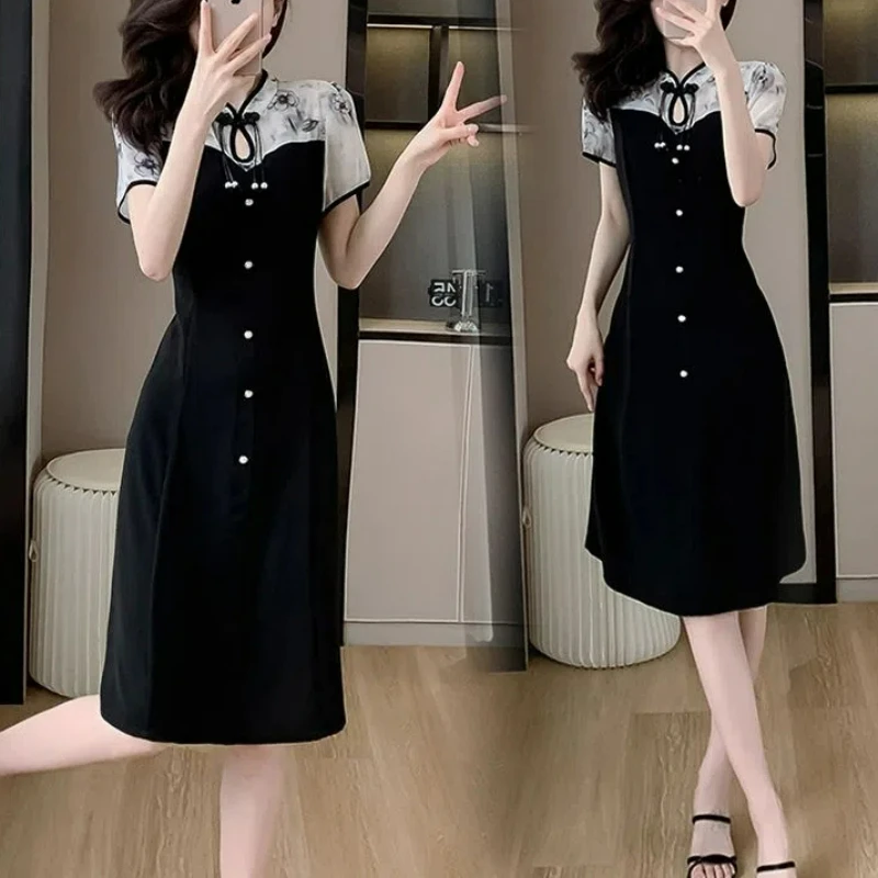 Fashion Temperament Elegant Chinese Style Cheongsam Dress Short Sleeved Print Patchwork Stand Neck Button Summer A-line Dresses