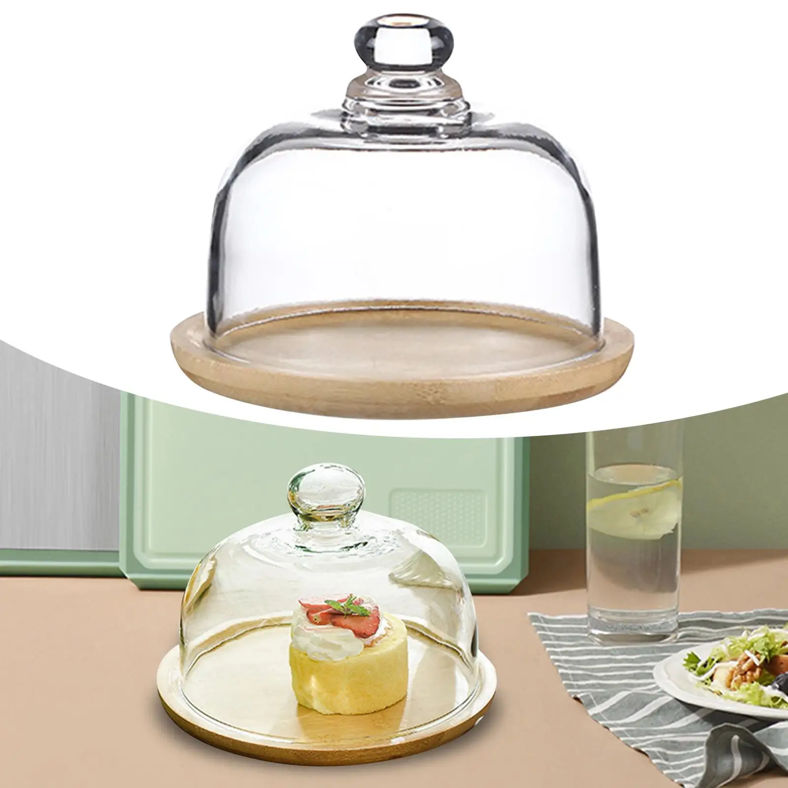 Bamboo Cake Stand with Dome, Serving Tray, Multifunctional Cake Diaplay Plate Holder Dessert Display for Party Cookies