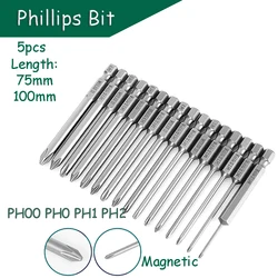 5pcs Phillips Screwdriver Bit PH00 PH0 PH1 PH2 Magnetic 1/4 in. Hex Shank S2 Steel 75/100mm Length Driller Bit