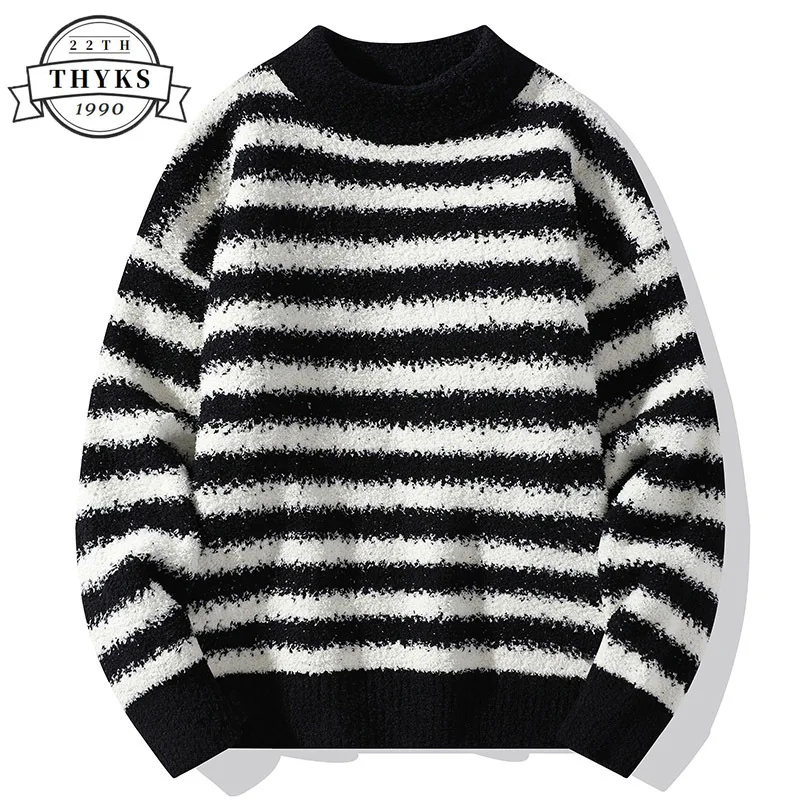 

Pullover Knitted Sweater Casual Half Turtleneck Loose Stripe Harajuku Thicken Warm Knitwears Y2k Vintage Knit Blouse Ropa Hombre