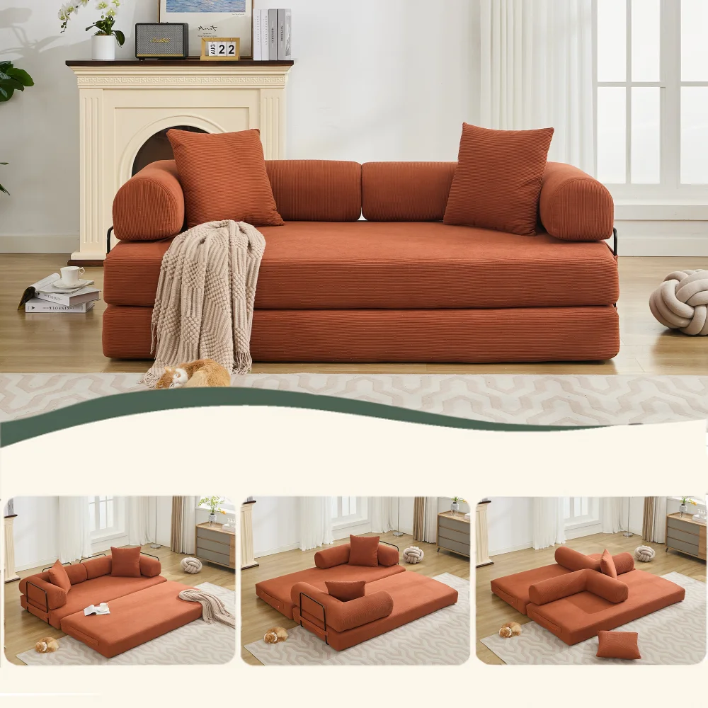 

Foldable Sleeper Sofa Bed with Corduroy Fabric, DIY Modular 3-Seat Couch with Pillows, No Assembly, Space Saving, 78.5" Wide