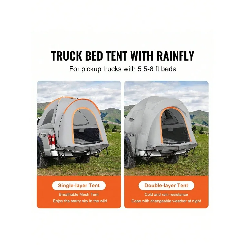 Truck Bed Tent, 5.5'-6' Pickup Truck Tent With Rain Layer And Carry Bag, Waterproof PU2000mm Double Layer Truck Tent For Camping, Accommodate 2-3 Person, For Camping Traveling Outdoor Activities