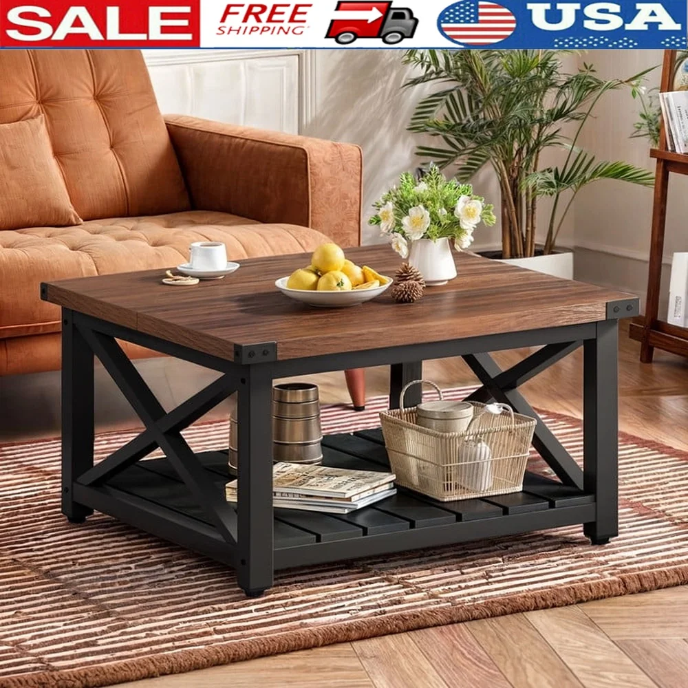 

Farmhouse Coffee Table Square Wood Center Table Storage Living Room Elegant Design Durable MDF Adjustable Feet Easy Assembly