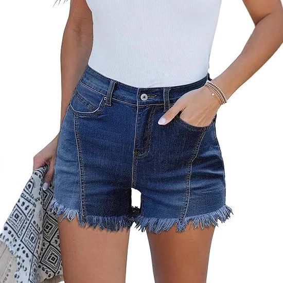 2026 New European and American Style Personality Shorts Women, High-waisted, Elastic Fringed Design Women's Summer Denim Shorts