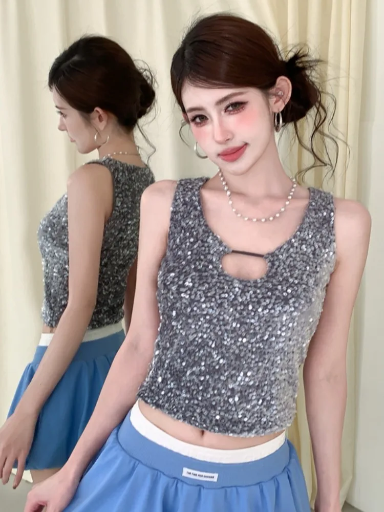 

Pure Desire Spicy Girl Heavy Work Sequin Hollow out Strap Vest Women Summer New Slimming Short Top Outerwear Shirt