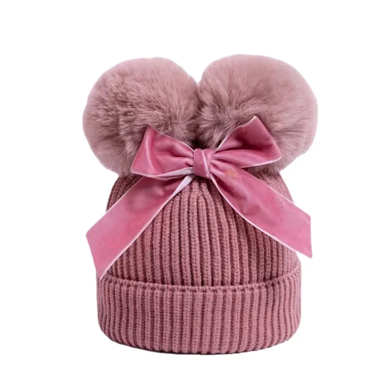 Kinder Strickmütze Herbst und Winter neuer Stil verdickte warme Kindermütze Doppelkugel Schleife süße Kinder Strickmütze