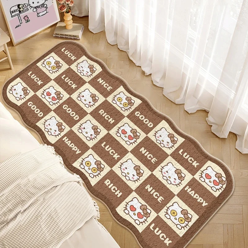 Hello Kitty Black Pink Check Fluffy Long Rug, Cashmere-like Bedside Mat with Silicone Back, Home Floor Carpet