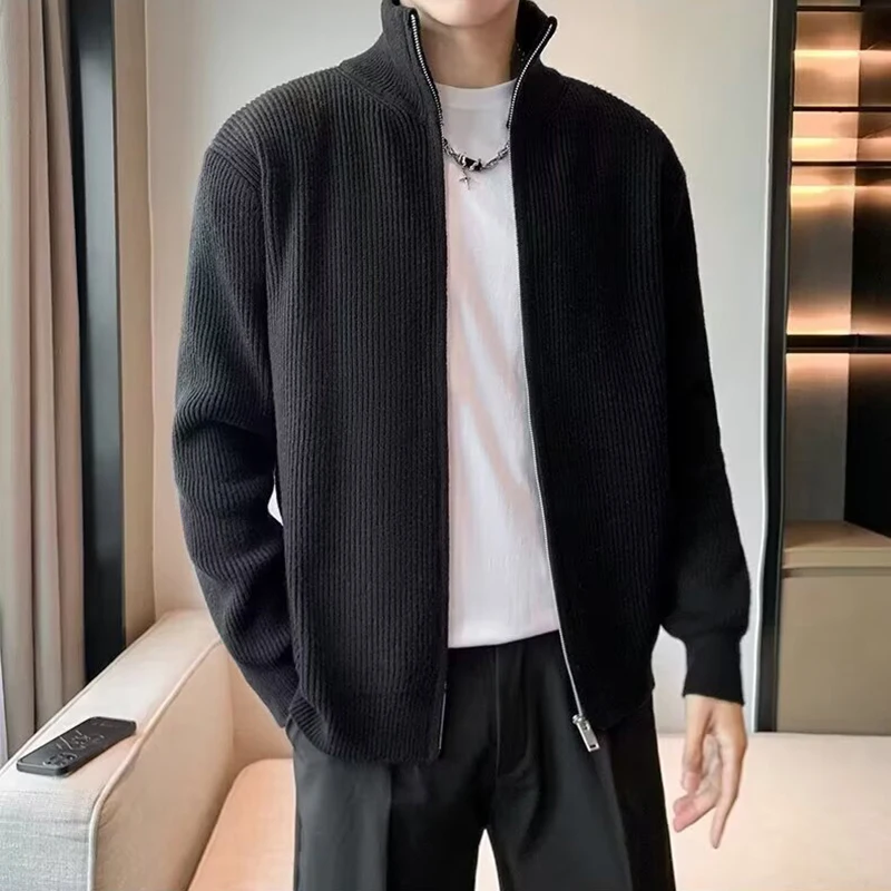 

Осень-зима, мужской кардиган с отложным воротником, однотонный повседневный свитер, куртка, вязаный кардиган, модная мужская одежда