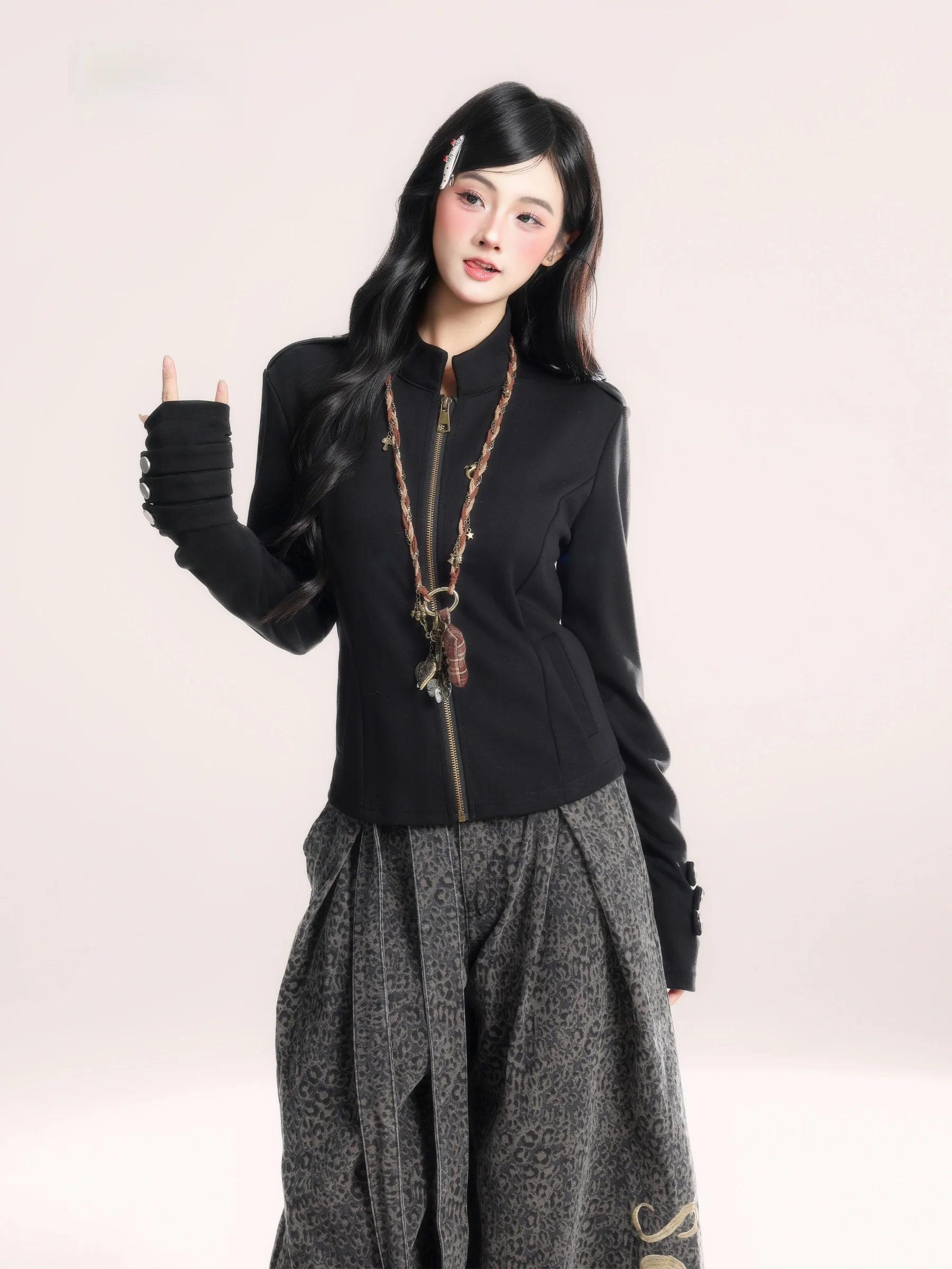 

Женская приталенная куртка с воротником-стойкой в стиле ретро, американский повседневный весенний наряд, модная верхняя одежда для работы, с декоративными пуговицами