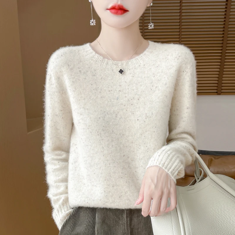 Women\'s Autumn Winter New 100% Wool Sweater, Round Neck Loose Pullover Sweater Dotted Floral Yarn Knitted Sweater Versatile Base