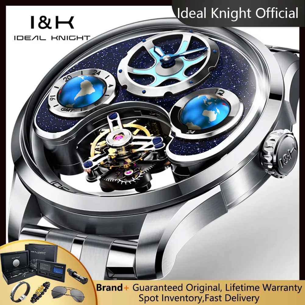 IDEAL KNIGHT 6808 Real Tourbillon Watches for Men High-end Luxury Skeleton Automatic Mechanical Man Wristwatch Blue Earth Series