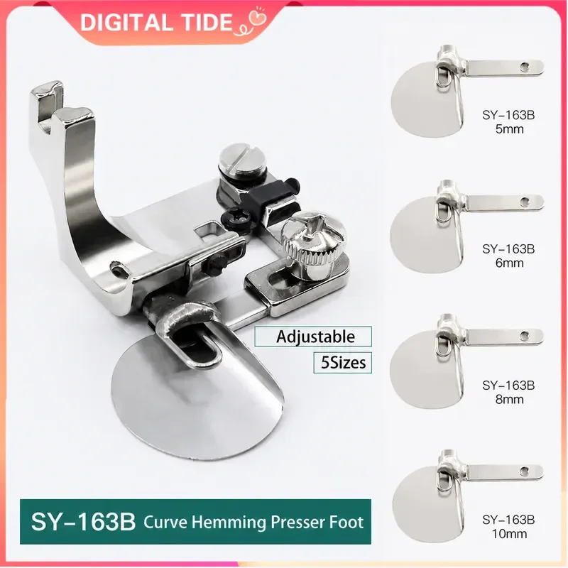 Adjustable Hemming Presser Foot Binder Folder for 1 Needle Lockstitch Sewing Machine Parts Round Angle Turning Clothes Making
