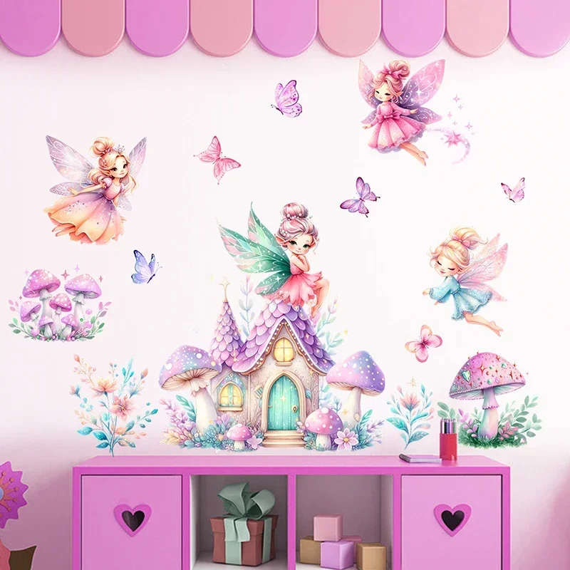 Cute Fairy Wall Stickers for Child Kids Room Baby Room Girl Bedroom Decoration Vinyl Princess Mushroom Castle Nursery Wall Decal