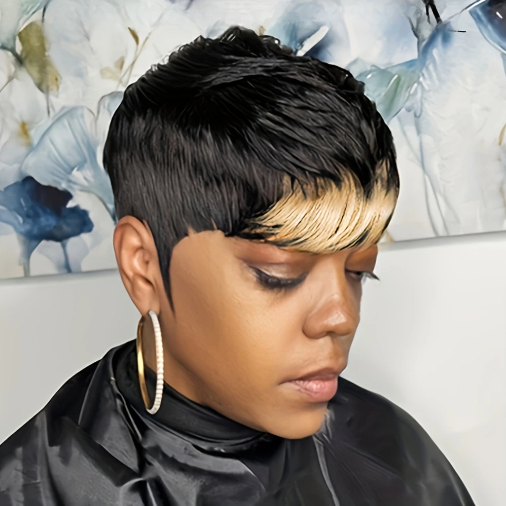 ピクシーカット ストレート 人毛ウィッグ 女性用 1B/613 #   カラーフルマシンメイドウィッグショートレイヤードストレートウィッグ前髪付き