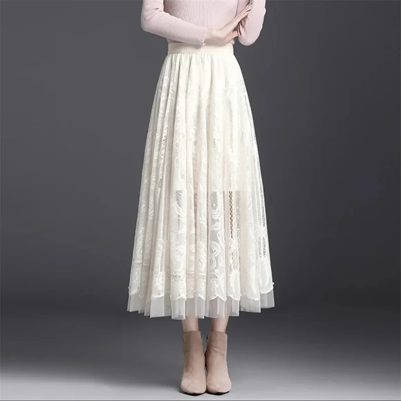 Lace Long Skirt Women 2023 Spring Summer Elastic High Waist A-Line Hollow Out Studded Long Skirt Female Elegant Lace Midi Skirt