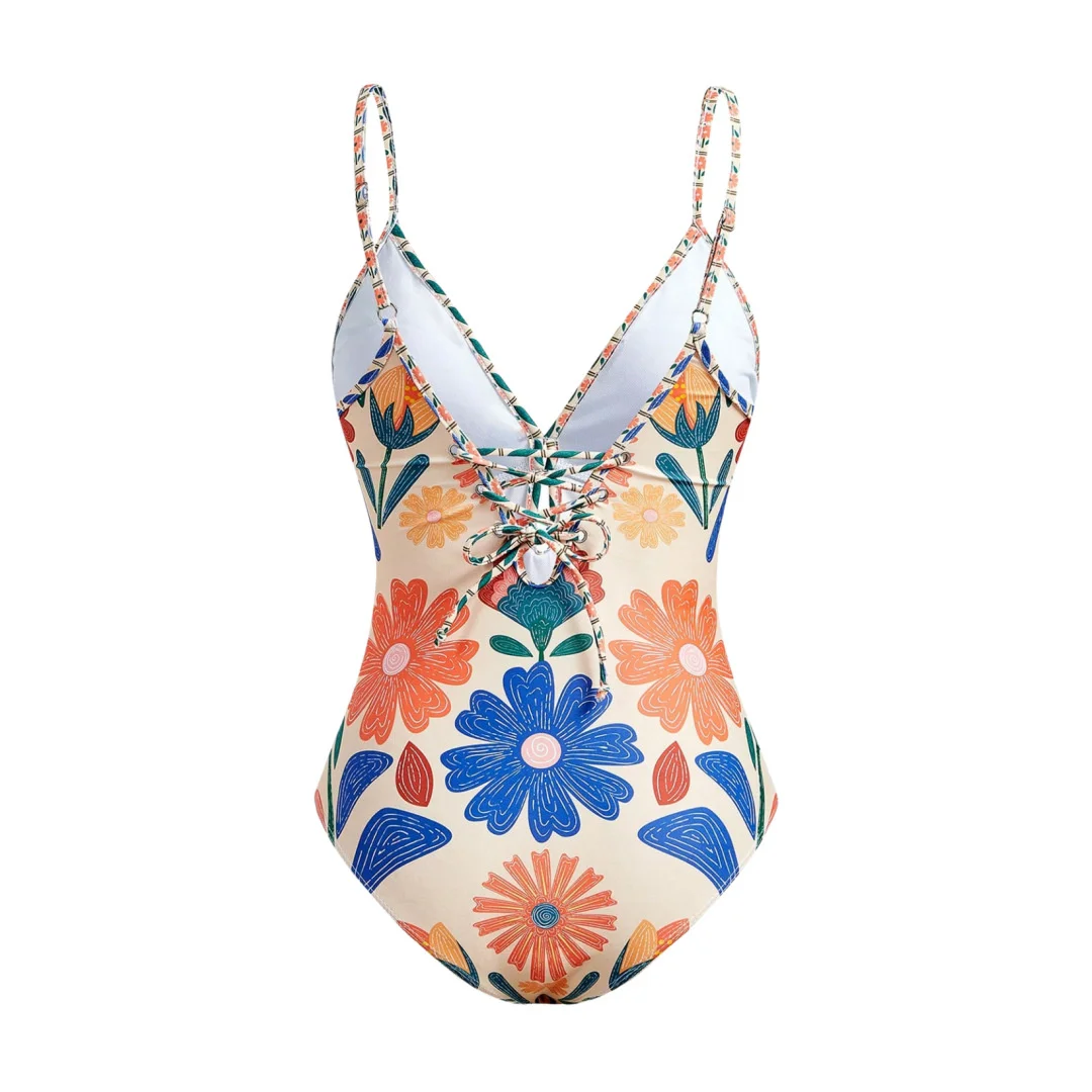 S - XL Neuer, mit Blumenmuster bedruckter Badeanzug mit Rock für Damen, einteiliger Badeanzug, Damen-Badeanzug mit V-Ausschnitt und hohem Beinausschnitt, Badebekleidung, Badeanzug, Modell V8041. – Detail 5