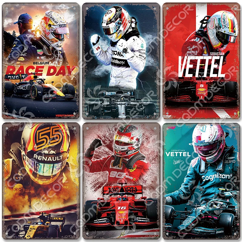 F1 Racer Poster Metal Tin Sign Vintage Car Race Metal Plaque Garage Racing Club Home Wall Art Decoration 20x30cm