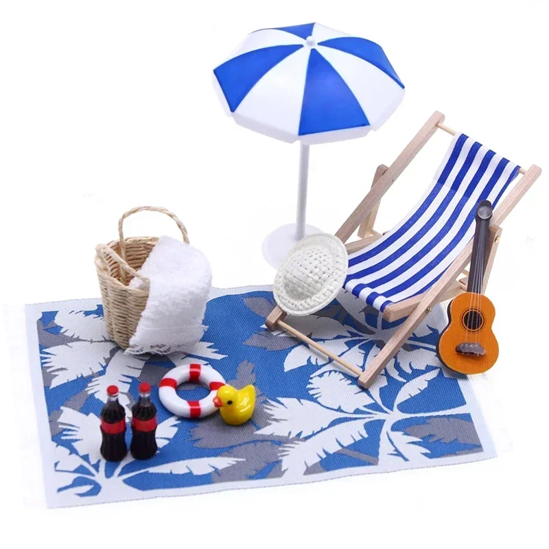 1 Set Dollhouse Mini Sunshade Umbrella Deckchairs Fairy Garden Decoration Summer Beach Micro Landscape DIY Accessories
