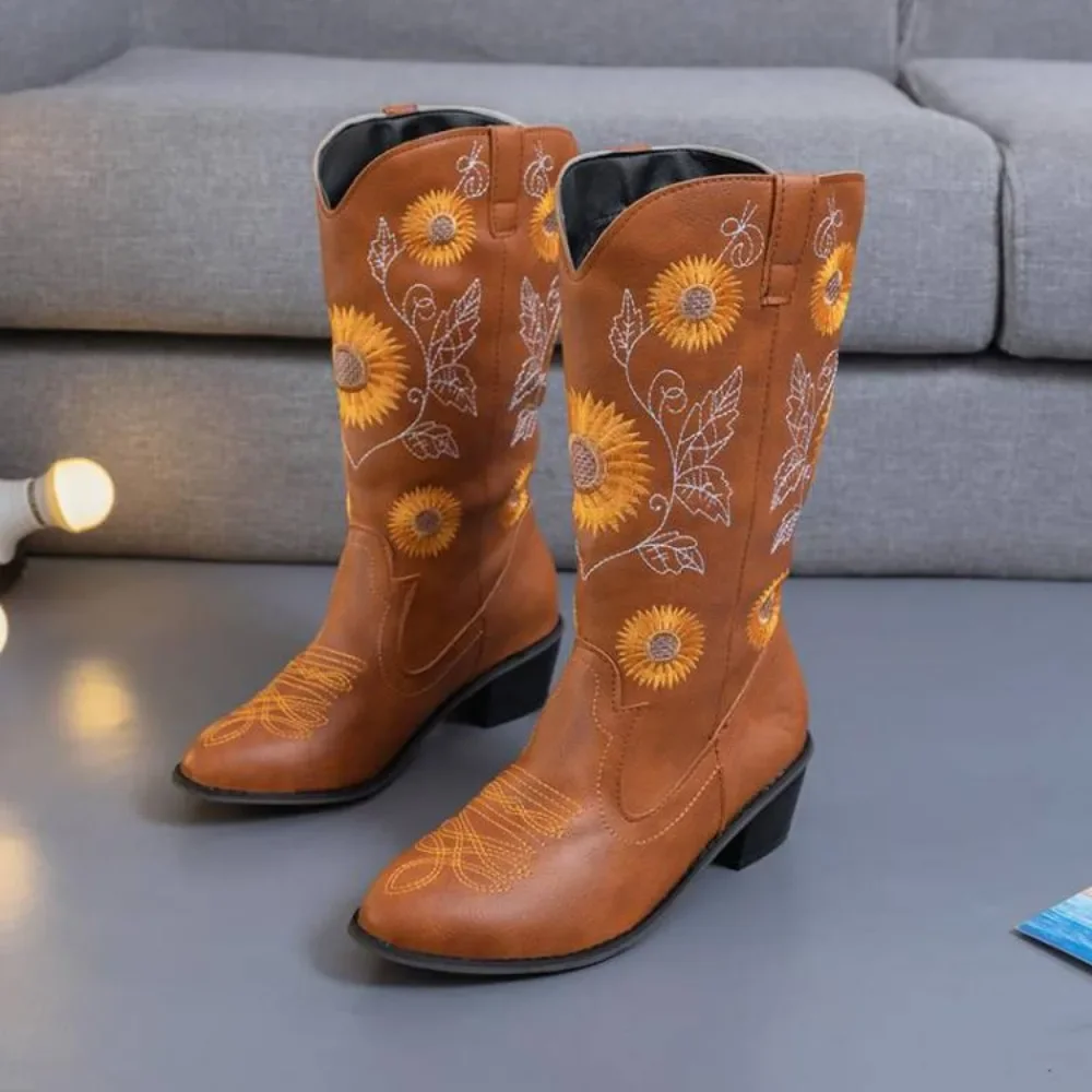 New Women Coffee Brown Embroidery Boots PU Leather Printed Western Cowboy Boots Deep V-mouth High Tube Casual Boots Classic