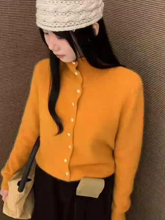 

Soft Cozy Orange Knitted Open Cardigan Women's Autumn High-End Versatile Anti-Aging Long Sleeve Top Single Button Trendy