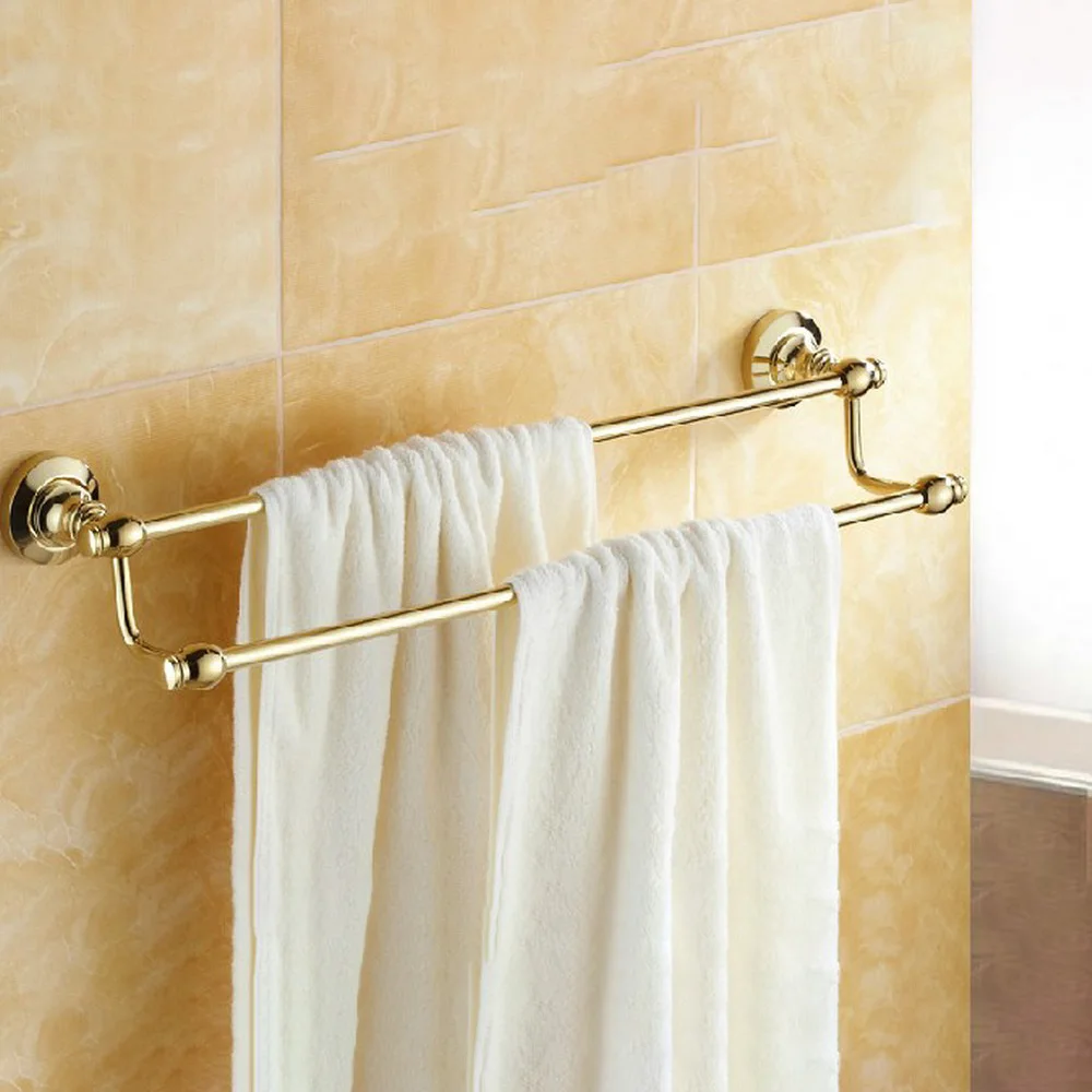 

Modern Golden Brass Wall Mounted Bathroom Double Bar Rack Towel Rails Holder 2ba102