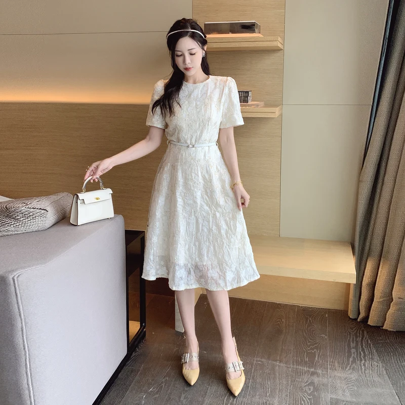 New 2024 Elegant Women Round Collar Short Sleeve Prom Party Dress Luxury Chic Summer Embroidery Flower Sequin Belt Midi Vestidos