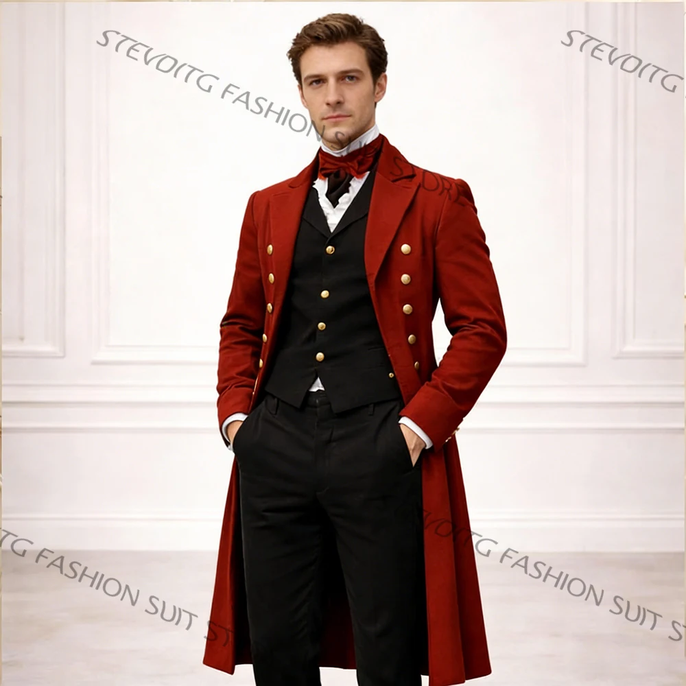 

Red Vintage Men's Suits and Separates Classic 3-Piece Set Double Breasted Long Tailcoat Vest Pants Formal Evening Party Costume