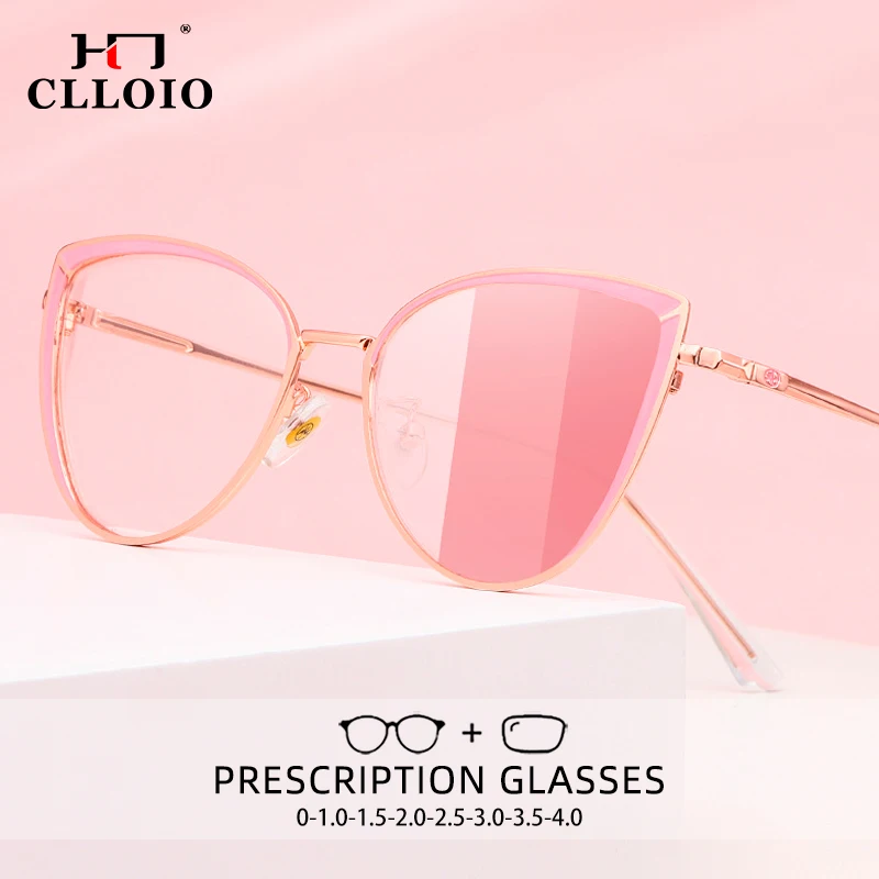 CLLOIO Women Anti Blue Ray Reading glasses Street Fashion Cat eye Frame Color Photochromic Myopia Prescription Optical Glasses