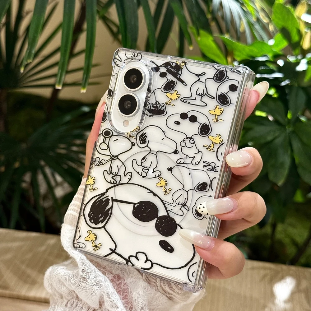 Cute Cartoon Snoopy Charlie Brown Magnetic Holder Magsafe Wireless Charge Phone Case For Samsung Galaxy Z Fold 8 7 6 5 Cover