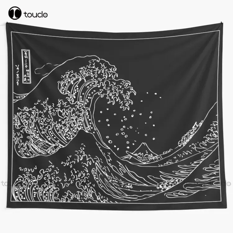 Great Wave Outline Black And White Tapestry Tapestry Wall Hanging For Living Room Bedroom Dorm Room Home Decor Printed Tapestry