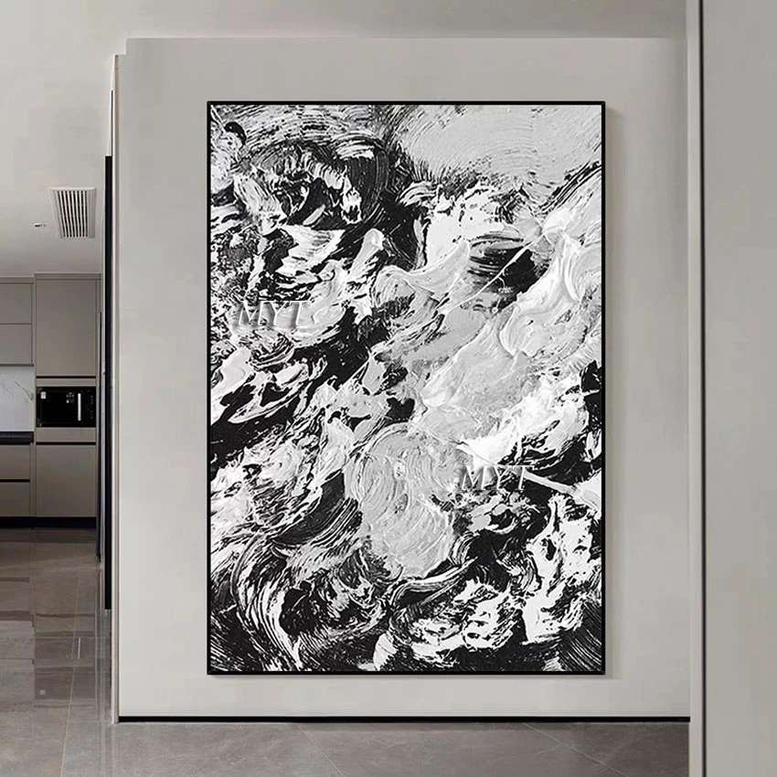 Contemporary Painting, Abstract Canvas Roll Design, Gray Black Acrylic Textured Art, No Framed, Living Room Pictures For Walls