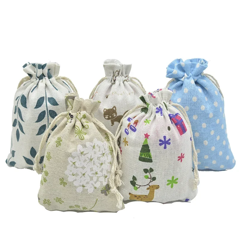 10pc Cute Print Reusable Cotton Line Bag Drawstring Pouches Candy Favor Holder Jewelry Party Gifts Bag 10x14cm/13x18cm 29 Colors