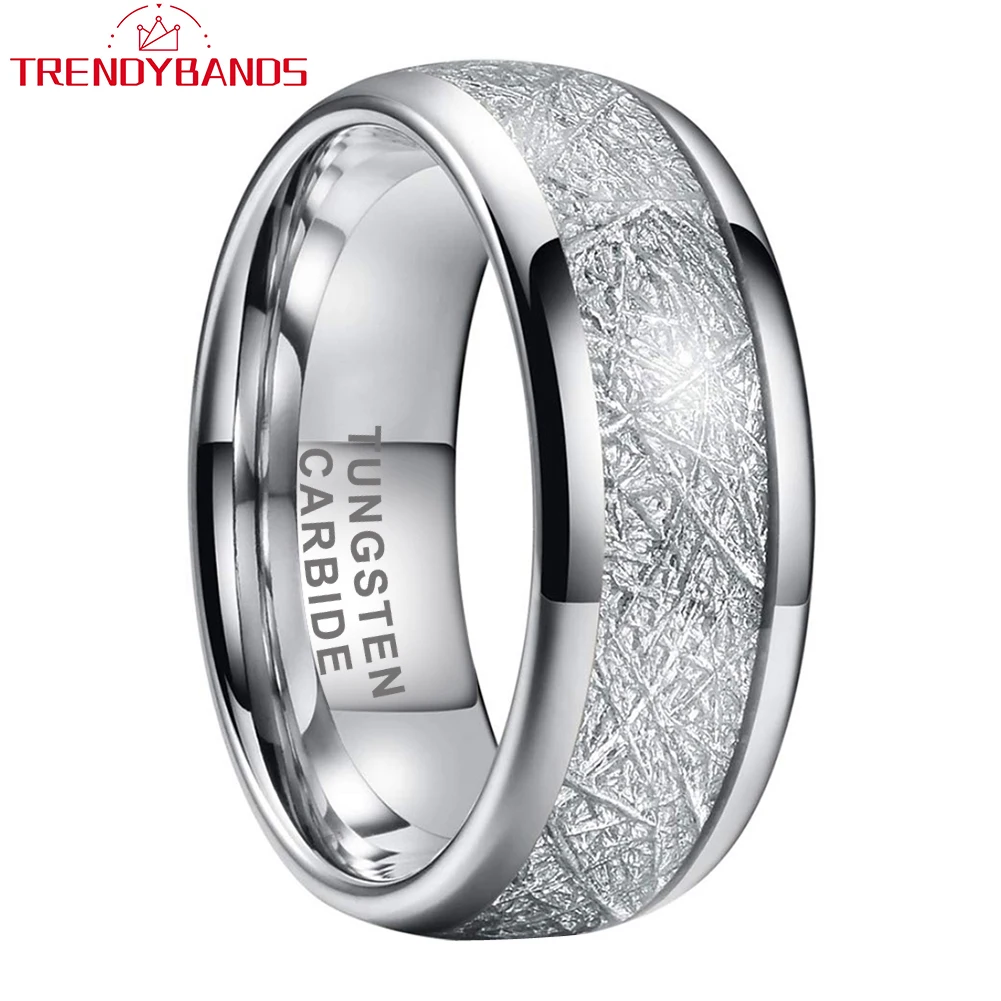 

4mm 6mm 8mm Silver Color Meteorite Inlay Tungsten Carbide Rings for Men Women Wedding Band Domed Brushed Finish Comfort Fit