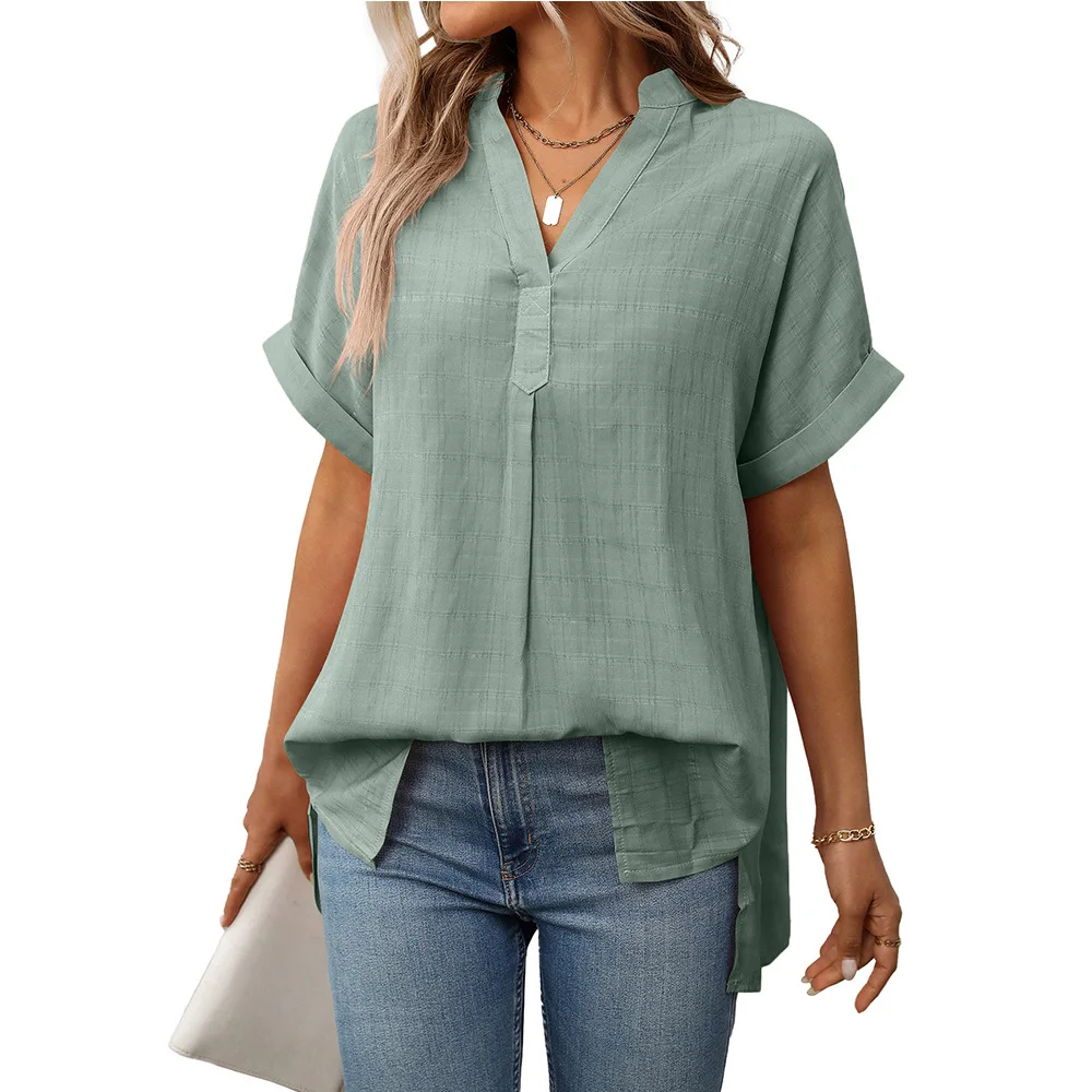 2025 Summer Women's Loose Shirt V-neck Fashion Casual Splicing Pullover Short-sleeved Striped Plaid Top Pink Blouses for Female