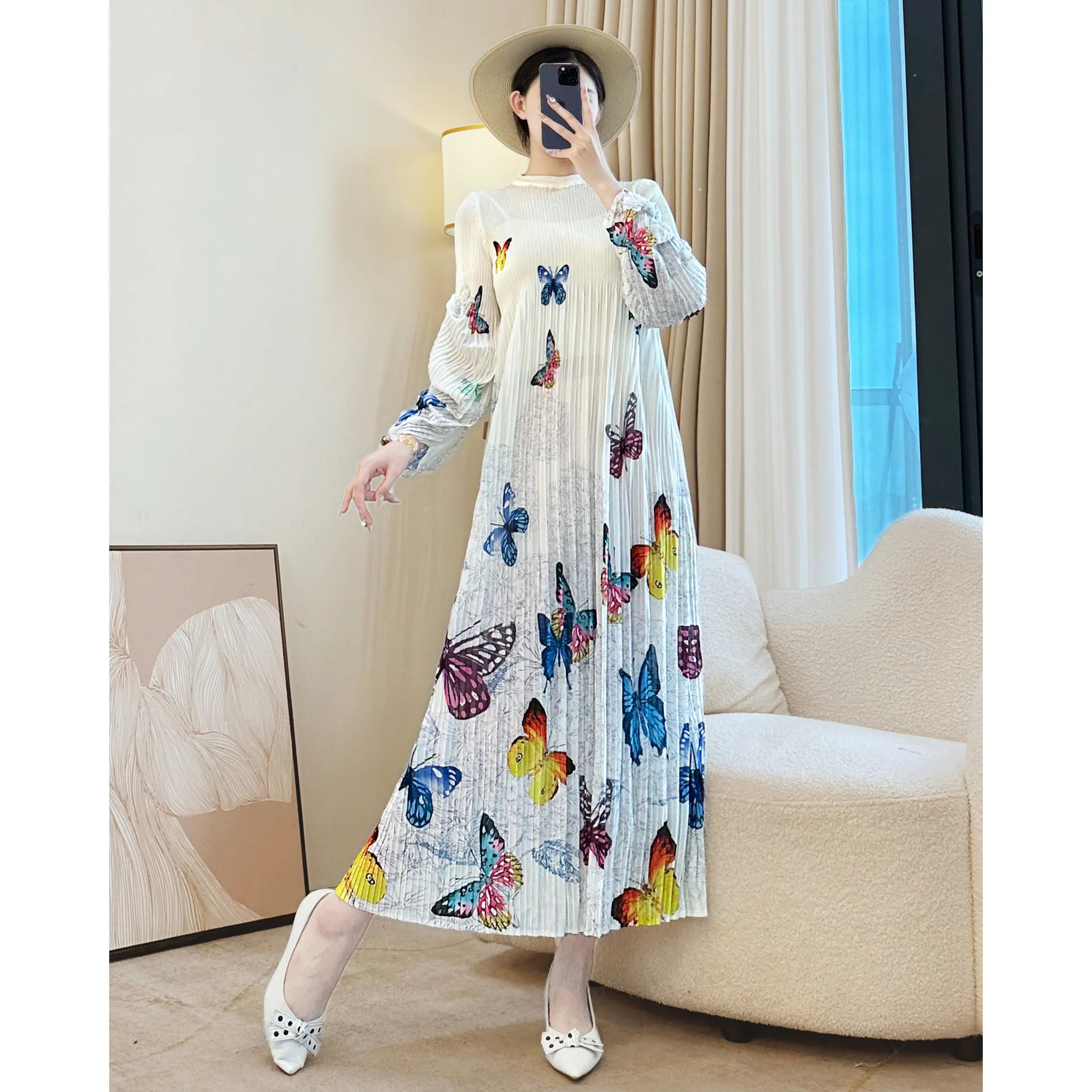 

Miyake Pleated Dress Women 2025 New Print Irregular Fashion Print Medium Length Pleated Summer Dresses Women's Clothing