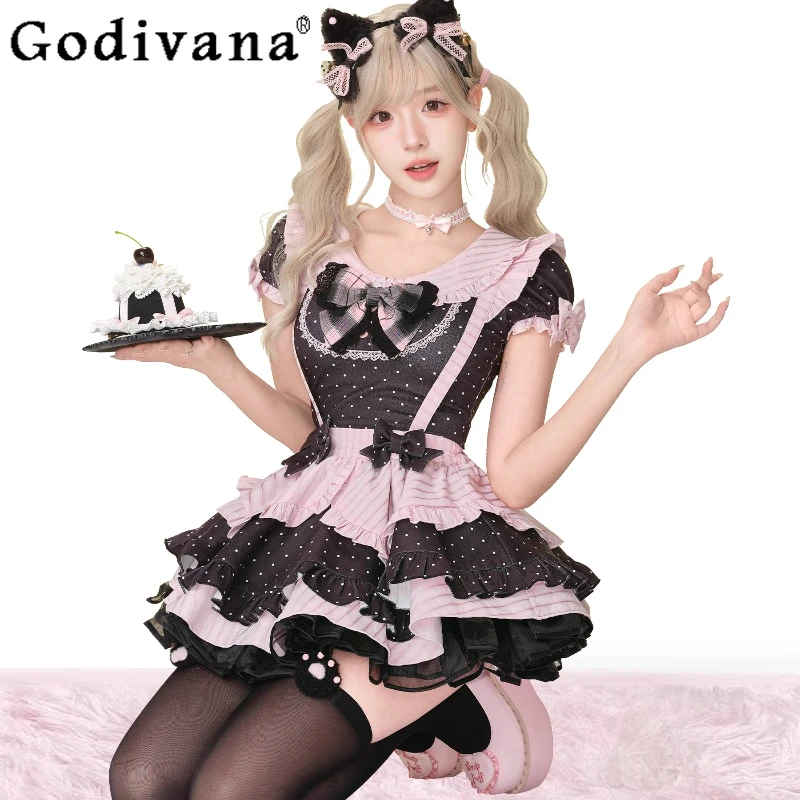 الصيف البولكا نقطة الأعلى مع القوس باو البولكا نقطة فستان بحزام ثوب نسائي الفتيات فستان بحزام مجموعة المرأة لوليتا نمط ملابس حلوة