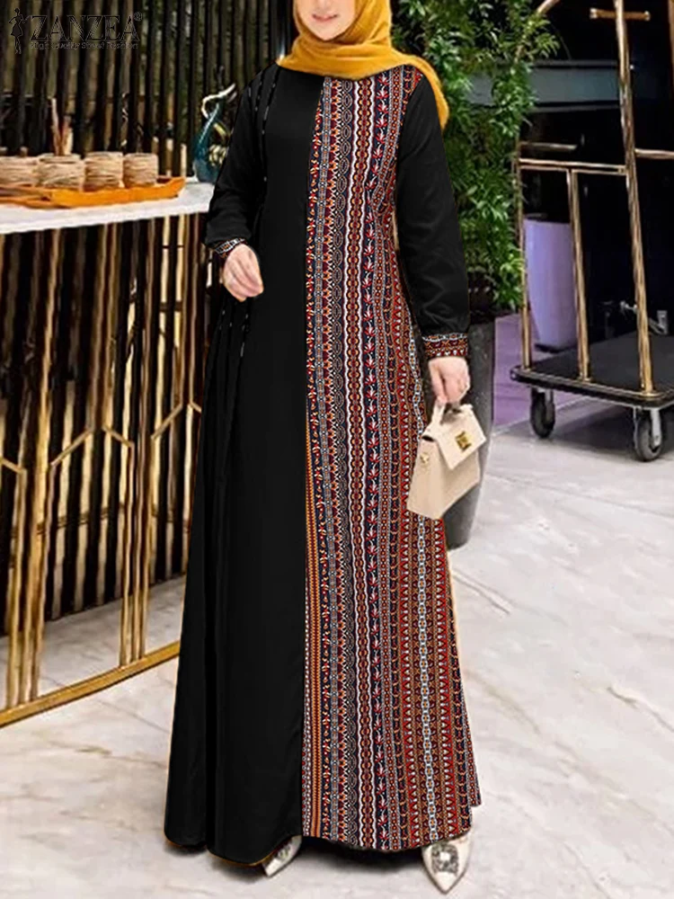 ZANZEA Loose Casual Ethnic Printed Panels Vestidos Long Sleeve Muslim Islamic Women Hijab O Neck Maxi Dress Patchwork Abaya Robe