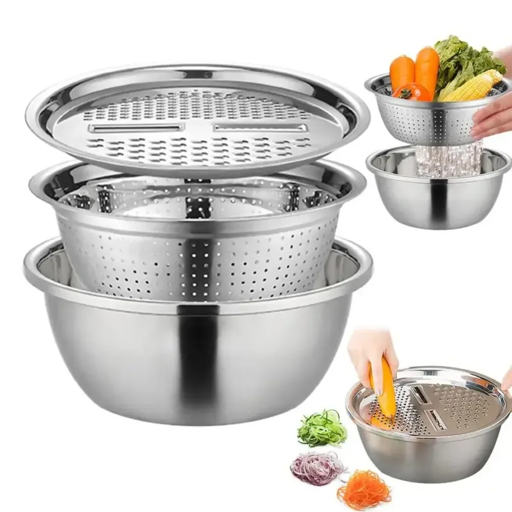

Multifunctional Stainless Steel Basin Set Mixing Bowl Set Grater Bowl 3 in 1 Salad Maker Bowl Mixing Bowl Set with Drain Basket