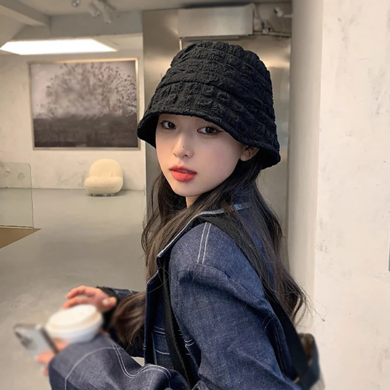 Women's Bucket Hat Spring Summer Fisherman Hat Seersucker Sun Hat Minimalist Style Solid Color Fashion High Quality