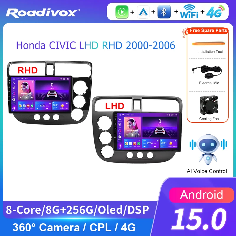 AI VOICE  roadivox Android car radio for Honda CIVIC LHD RHD 2000 2006 stereo GPS Navigation video Multimedia Player tape